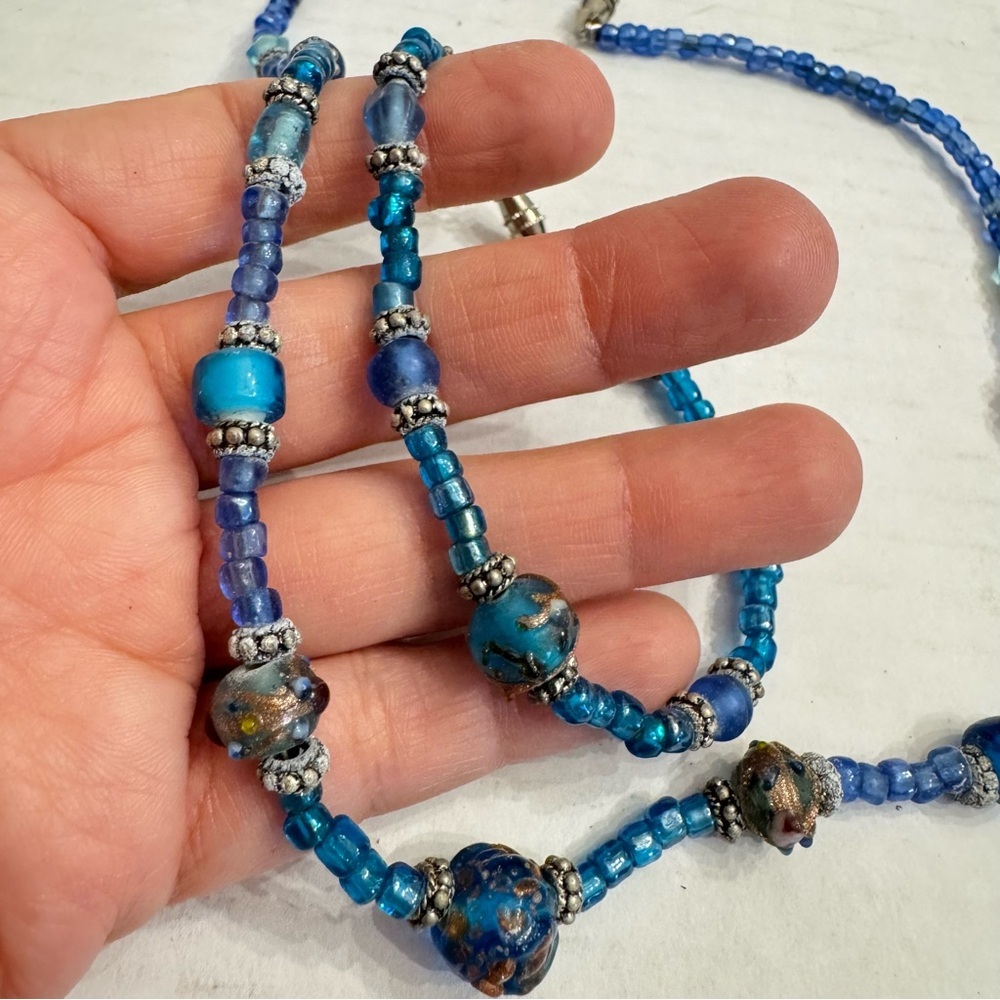 Art Glass Bead Necklace and Bracelet SET Vintage Blue Aqua Transparent Jewelry